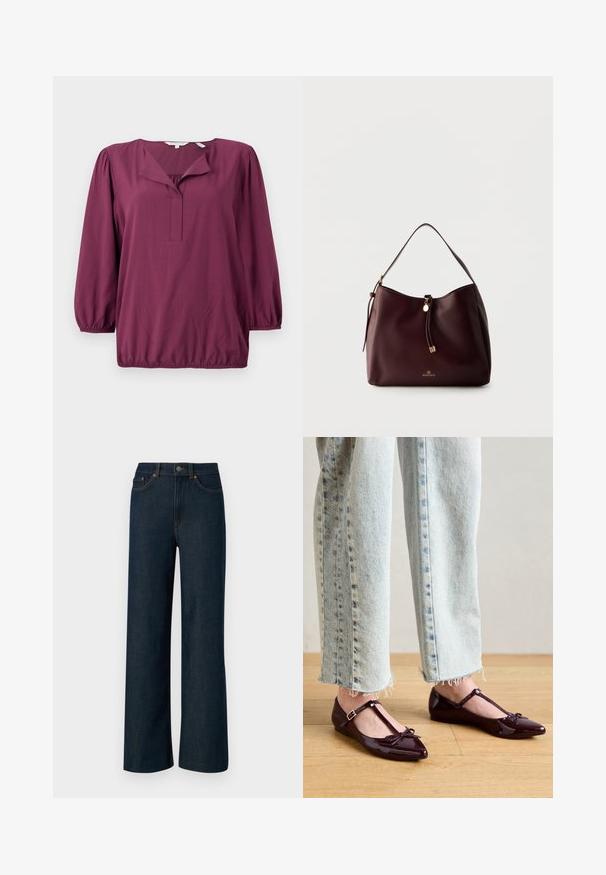 TOM TAILOR WITH V-NECK - Μπλούζα - bordeaux red; Φαρδιά μισά παντελόνια από σκούρο μπλε τζιν με αντίθετες πορτοκαλί ραφές, πέντε τσέπες και κλείσιμο με κουμπί. Λείο υφασμάτινο υλικό.; Γυαλιστερά μπαλαρίνια σε μπορντό με λουράκι Τ και διακοσμητικό φιόγκο στο μπροστινό μέρος. Συνδυασμένα με κοντά τζιν σε ανοιχτό γαλάζιο χρώμα.; Σκούρα καφέ δερμάτινη τσάντα ώμου με πλεκτό φούντα, χρυσές λεπτομέρειες και λογότυπο Anna Field στο μπροστινό μέρος, σε απλό φωτεινό φόντο.