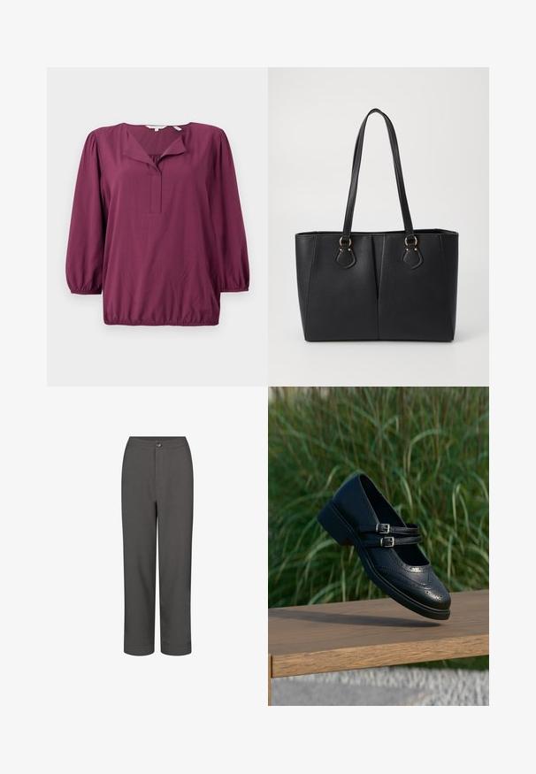 TOM TAILOR WITH V-NECK - Blusa - bordeaux red; Pantalones de vestir grises con un diseño de pierna recta, textura suave, cierre frontal con botón y dobladillos zurcidos para un aspecto ajustado.; Zapato Mary Jane negro de cuero con dobles correas con hebillas y detalles brogue, flotando sobre un banco de madera con fondo de césped verde.; Bolso tote de cuero sintético negro con un acabado texturizado, dos asas largas y detalles en tono dorado en el lateral. Forma rectangular.