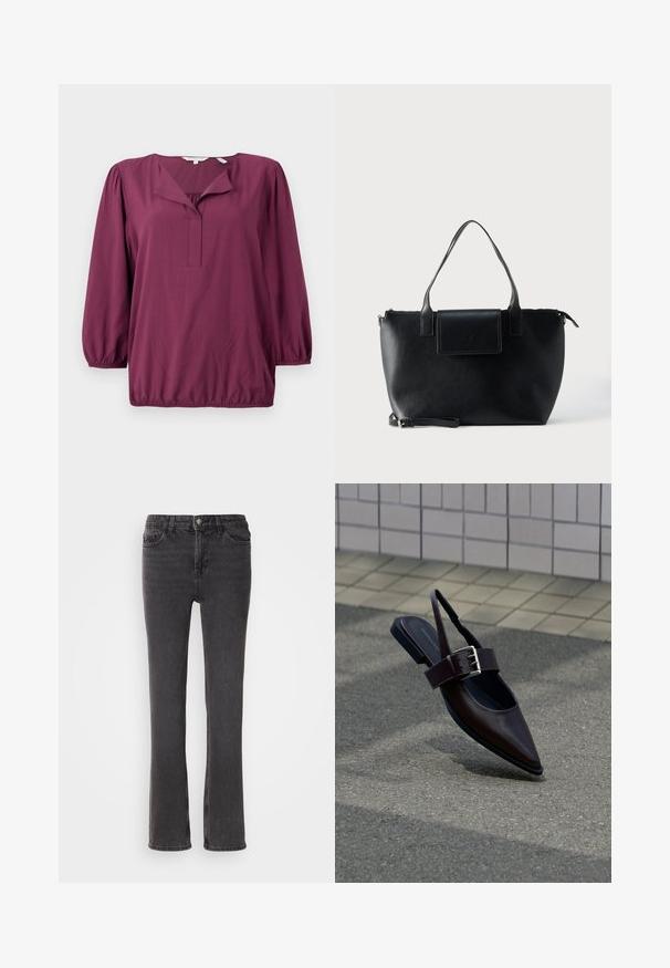 TOM TAILOR WITH V-NECK - Bluse - bordeaux red; Sorte denim jeans med lige pasform, der har forlommer, lynlås og subtile stiksyninger. Stoffet har en let tekstur.; Mørkebrune flade slingback-sko med spids tå, bred rem og stor sølvspænde på asfalt nær flisebelagt væg.; Sort lædertaske med to håndtag, en aftagelig rem, magnetisk flaplukning og en glat overflade. Lynlåslukning øverst og dekorative syninger.
