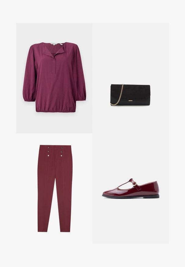 TOM TAILOR WITH V-NECK - Blúzka - bordeaux red; Burgundské nohavice na mieru so bočnými vreckami, s hladkou textúrou a štyrmi dekoratívnymi striebornými gombíkmi na páse.; Bordové lakované baleríny Mary Jane s vyrezávaným dizajnom a zlatou sponou na remienku, s nízkou čiernou podrážkou.; Čierna spojka zamszová kabelka s štruktúrovaným povrchom, vybavená zlatým reťazovým ramienkom a štýlovým, ostrým dizajnom.