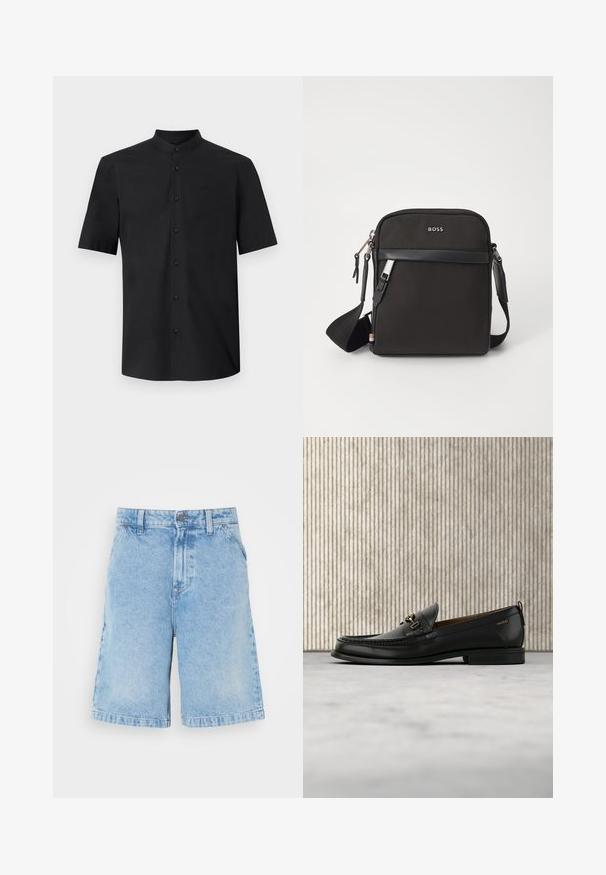 Zwart kortärmelig overhemd met opstaande kraag en knoopsluiting aan de voorkant, eenvoudig ontwerp, klein logo op de borst.; Lichtblauwe denim shorts met een rechte snit, voorzien van vijf zakken, een knoopsluiting aan de voorkant en subtiele vervaging door de stof.; Zwarte leren loafer met gouden metalen gesp en "HUGO" branding, weergegeven tegen een beige tapijt en bruin doorschijnend meubilair.; Zwarte schoudertas van textuurstof, met logo aan de voorkant, ritssluiting en verstelbare schouderband. Voorzien van een gladde leren rand.