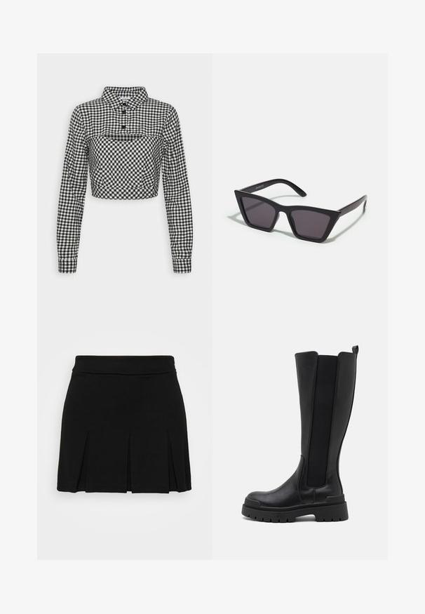 Noisy May NMERIK OVERLAY - Bluse - black; Even&Odd Mini skirts - black; Even&Odd Plateaustøvler - black; Sorte, kantede solbriller med grå linser; lavet af plast, med tykke stænger med en glat overflade og ingen synlig hardware.