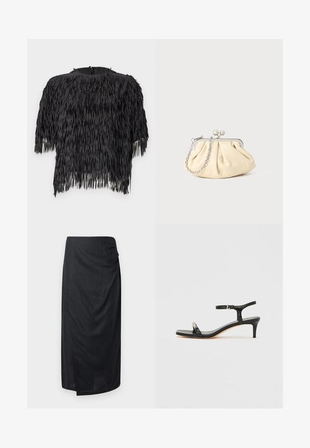 Sort crop top med frynsedesign lavet af tekstureret stof. Rund halsudskæring med lynlås i ryggen. Korte ærmer.; Sort midinederdel med høj talje, let rynkning på den ene side og en lille forrest slidser, lavet af letvægtsstof.; Sort læder sandal med hæl og ankelrem, åben tå, firkantet front og sølvfarvede metalaccenter. Figurformet design med en slank profil.; Plisseret beige læderclutch med en sølvmetalramme, der har to runde dekorative låse og en sølvkædetrasporte.