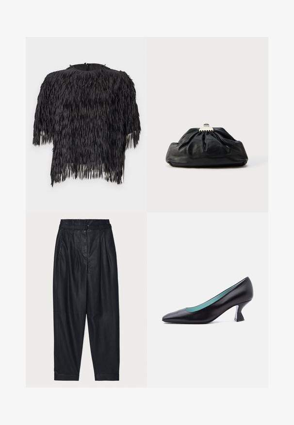 Sort crop top med frynsedesign lavet af tekstureret stof. Rund halsudskæring med lynlås i ryggen. Korte ærmer.; Sorte læderbukser med en afslappet pasform, der har bælte, folder og manchetter. Glat tekstur med subtile syninger.; Sort læder pumps med spids tå, lav unikt formet blokhæl og lyseblåt indre for, vist mod en ensfarvet hvid baggrund.; Sort læderclutch med en samlet tekstur, metal lukning og diskret præget logo på forsiden. Rundet form.