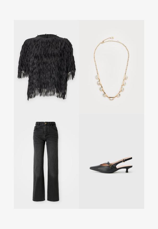 Haut court noir avec un design à franges en tissu texturé. Encolure ronde avec fermeture éclair au dos. Manches courtes.; Jean en denim noir avec taille haute, coupe droite, fermeture à bouton en laiton et décoloration subtile. Comprend quatre poches et des détails cousus.; Escarpin noir en cuir à bride arrière avec bout pointu, petit talon, design découpé et détail de boucle dorée sur la bride.; Collier en or avec des maillons allongés, agrémenté de cristaux en forme de goutte d'eau transparents répartis uniformément sur le devant et d'une fermeture à crochet.