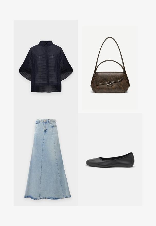 Marineblaue kurzärmelige Hemdjacke mit einem dezenten karierten Muster und spitzem Kragen.; Helle blaue Denim-Rock mit ausgestellter A-Linien-Form, ausgestattet mit einer Frontknopfschließe, Gürtelschlaufen und sichtbaren Nähdetails.; Schwarze Leder-Ballettschuhe mit abgerundeter Spitze, glatter Textur, minimalen Nähdetails und einem flexiblen Sohlen-Design.; Dunkelbraune Handtasche aus strukturiertem Leder mit zwei Tragegurten, abgerundeter rechteckiger Form und silbernem, rundem Verschluss auf der vorderen Klappe.