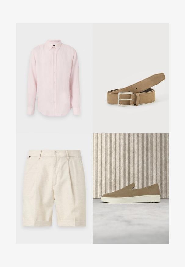 Chemise longue à manches longues rose clair avec col pointu, patte de boutonnage à l'avant et texture subtile du tissu sur fond uni.; Shorts beige sur mesure longueur genou avec fermeture par boutons, passants de ceinture et plis subtils à l'avant sur fond uni.; Chaussure beige sans lacets avec semelle blanche, présentée en suspension sur un tapis clair avec un mobilier transparent de couleur ambre en arrière-plan.; Ceinture en daim marron clair avec boucle métallique argentée, roulée et posée sur une surface blanche.