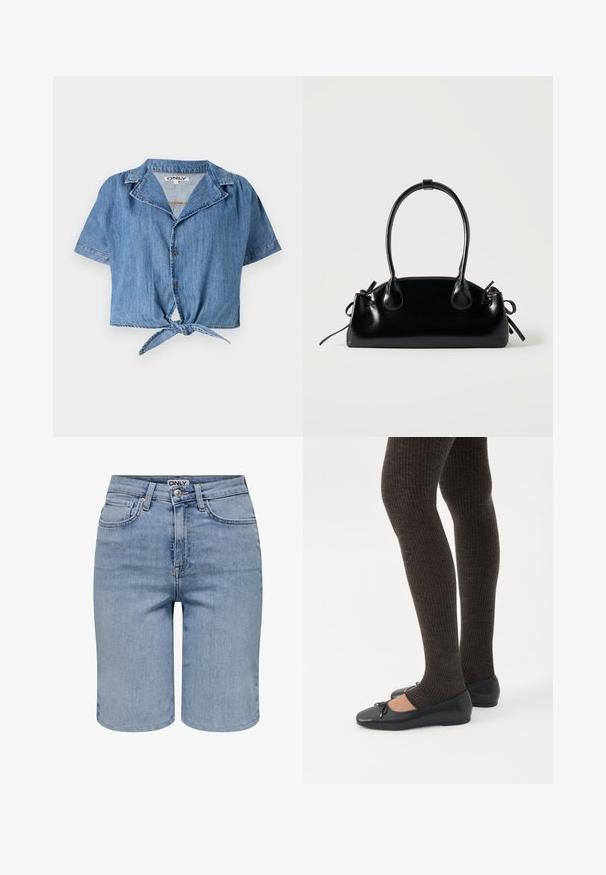 Chemise courte à manches courtes en denim bleu clair, dotée d'un col pointu, d'une fermeture à boutons sur le devant et d'un accent de nœud noué à l'ourlet.; Shorts en denim bleu clair avec poches avant, passants pour ceinture, un bouton en métal et une braguette zippée.; Jambes portant des leggings côtelés foncés associés à des ballerines noires avec de petits détails en nœud sur fond blanc.; Petit sac à main noir brillant avec deux longues anses et des détails à cordon sur les côtés sur un fond clair uni.
