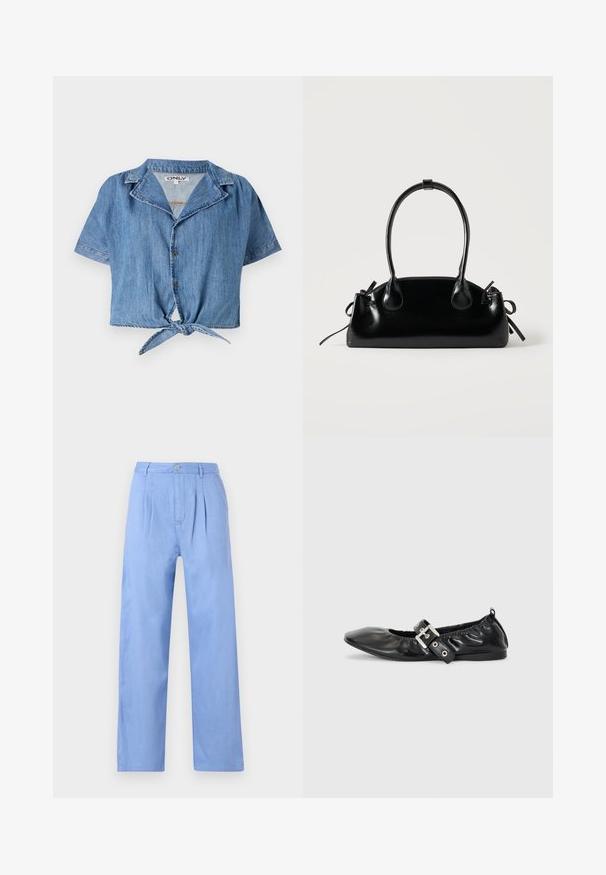 Camisa recortada de manga corta en denim azul claro, con cuello puntiagudo, botonera frontal y un lazo anudado en el dobladillo.; Pantalones de lino azul claro con un frente con pliegues, cintura alta y un diseño de pierna recta. Presentan un cierre de botón en la cinturilla.; Zapato plano de piel negra con puntera afilada, detalle fruncido alrededor de la abertura y un acento de hebilla plateada en la correa ajustable.; Pequeño bolso negro brillante con dos asas largas y detalles de cordón lateral sobre un fondo claro liso.