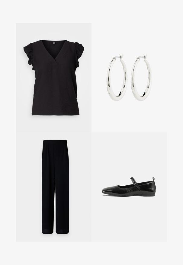 Sort bluse med dyb V-udskæring, korte blomstererede ærmer og afslappet pasform. Lavet af letvægtsstof med en subtil tekstur.; Vero Moda Petite VMLIVA SUPER WIDE PANTS - Bukser - black; Sorte patentlæder flade sko med spidse tæer, en ankelrem med spænde og en glat, blank tekstur. Lav hæl for komfort.; Sølvøreringe i form af hoops med en glat, blank finish. Cirkulær form, der har en sikker lås. Simpelt og elegant design.
