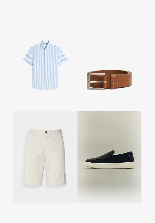 Kurzärmeliges Hemd mit Knöpfen, hellblauen und weißen vertikalen Streifen und einem kleinen rot-weiß-blauen Logo auf der linken Brust.; Helle beige Shorts aus Baumwolle, mit einem Knopfverschluss, Vordertaschen und abgestepptem Saum. Glatte Textur mit einem lässigen Design.; Dunkelblauer Slip-On-Sneaker mit weißer Gummisohle und dezentem Tommy Hilfiger-Logo an Ferse und Seite.; Brauner Ledergürtel mit silberner, rechteckiger Schnalle und kleinem rechteckigem Logotag mit rotem, weißem und schwarzem Design in der Nähe der Schnalle.
