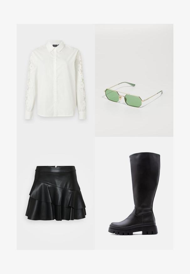 Chemise blanche boutonnée avec un col, manches longues ornées de détails en dentelle délicate, et une texture en coton lisse.; Jupe mini en cuir noir avec une taille ajustée et trois niveaux de volants, présentant une texture lisse et une fermeture éclair dissimulée à l'arrière.; Botte en cuir noire montant jusqu'au genou avec semelle épaisse à crampons et bout arrondi, vue de profil gauche sur un fond clair uni.; Lunettes de soleil octogonales dorées avec des verres verts ; les branches fines présentent un accent vert. Le nom de la marque "vogue" est affiché sur le verre.