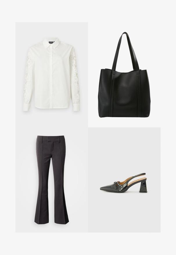 Chemise blanche boutonnée avec un col, manches longues ornées de détails en dentelle délicate, et une texture en coton lisse.; Pantalons évasés gris foncé avec une texture lisse, dotés d'une taille ajustée et de coutures frontales pour une apparence sur mesure.; Chaussure slingback en cuir verni noir avec un bout pointu, un talon triangulaire et une sangle décorative avec des accents en argent. Texture lisse.; Sac fourre-tout en cuir noir avec deux longues poignées, présentant un design minimaliste, une texture lisse et des coutures verticales sur le devant.