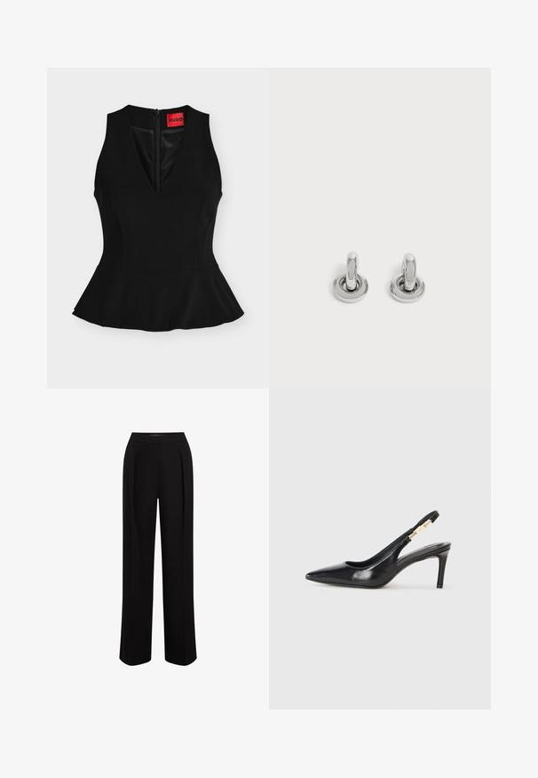 Top peplum negro sin mangas con escote en V y cremallera trasera, con una etiqueta roja de HUGO en el cuello.; Pantalones negros de pierna ancha hechos de tela suave, con cintura alta, pliegues en la parte frontal y un acabado limpio y entallado.; Zapato de tacón alto de cuero negro con tirante trasero, punta afilada, textura suave y una correa estrecha en el tobillo con acentos de hardware dorado.; Par de pequeños pendientes de aro plateados brillantes con base redonda, exhibidos sobre un fondo claro y liso.