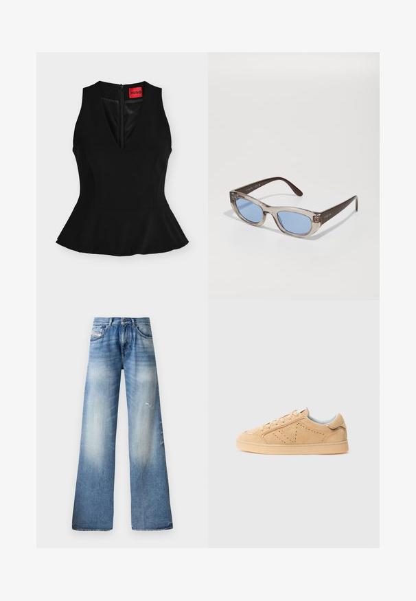 Sort ærmeløs peplumtop med V-hals og lynlås bagpå, med en rød HUGO-label på nakken.; Lys blå vidde jeans i denim materiale med en falmet vask, let slid, klassisk fem-lomme design og knaplukning.; Lysebrune sneakers i ruskind med lavt snit, perforerede detaljer, rund tå og cremefarvet gummisål. Snørelukning og diskret branding.; Solsikker med klare, rektangulære stænger og blå linser. Har brune tempelarme med præget "vogue" branding.