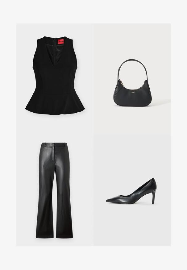 Top peplum negro sin mangas con escote en V y cremallera trasera, con una etiqueta roja de HUGO en el cuello.; Pantalones de cuero negro con una textura suave, diseño de pierna ancha y una cinturilla de altura media que presenta trabillas para cinturón y bolsillos frontales.; Zapato de tacón negro de cuero con punta afilada y un tacón delgado, textura suave y sin adornos visibles. Diseño limpio con una estética minimalista.; Bolso de cuero negro para el hombro con forma curva, cremallera dorada y pequeño logotipo dorado en el frente, aislado sobre fondo claro.