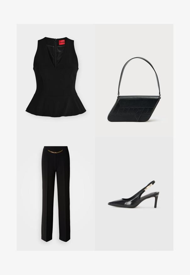 Sort ærmeløs peplumtop med V-hals og lynlås bagpå, med en rød HUGO-label på nakken.; MARCIANO BY GUESS ELLA CHAIN STRAIGHT PANTS - Bukser - black; Sort læder slingback højhælede sko med spidse tæer, glat overflade og en smal ankelrem med guldfarvede hardware detaljer.; Sort skuldertaske i læder med trekantet form, præget logo og en enkelt justerbar rem. Minimalistisk design med glat tekstur.