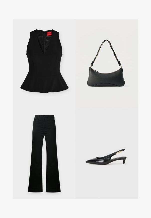 Top peplum noir sans manches avec col en V et fermeture éclair au dos, avec une étiquette rouge HUGO au niveau du col.; Jean évasé noir en coton, doté d'une fermeture classique à bouton et zip, de poches avant, et d'une texture lisse et unie.; Talons hauts en cuir noir avec un bout pointu, dotés d'un talon fin et d'un accent en ton or sur la lanière réglable. Texture lisse.; Sac à bandoulière en cuir noir de forme rectangulaire incurvée, avec une chaîne dorée tissée dans la bandoulière noire tressée et une fermeture éclair sur le dessus.