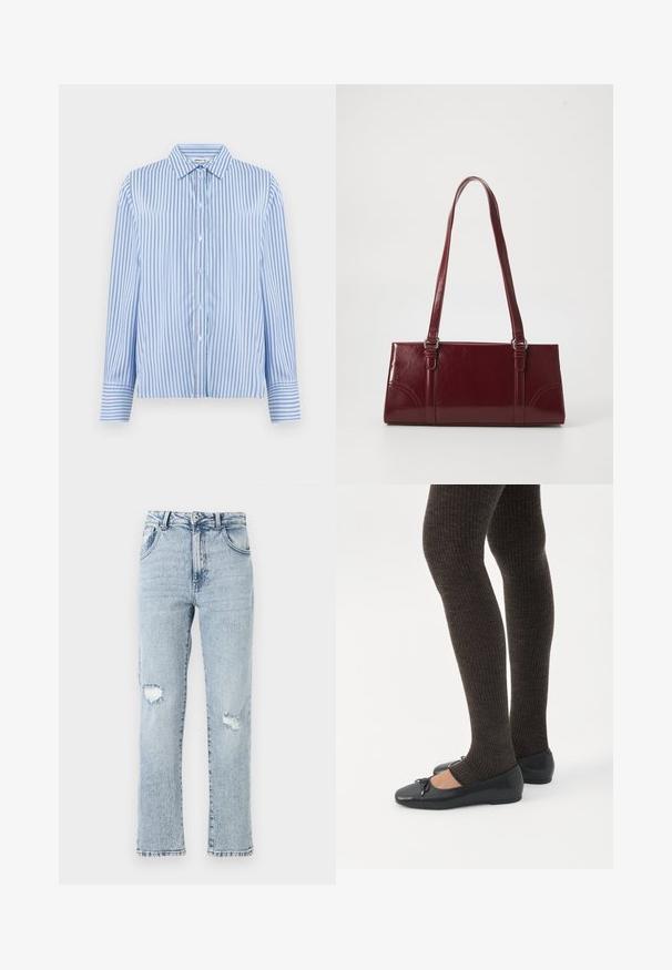 Button-up skjorte i lyseblå og hvide lodrette striber. Har krave og lange ærmer med knapmanchetter. Glat tekstur.; Lysblå denimjeans med en afslappet pasform, der har to knærevner, fem lommer og en frynset kant. Knap- og lynlåslukning.; Ben iført mørke ribbede leggings kombineret med sorte balletsko med små sløjfedetaljer på hvid baggrund.; Bordeaux håndtaske lavet af glansfuldt materiale, rektangulær form, med to skulderremme og subtile buede detaljer på forsiden.