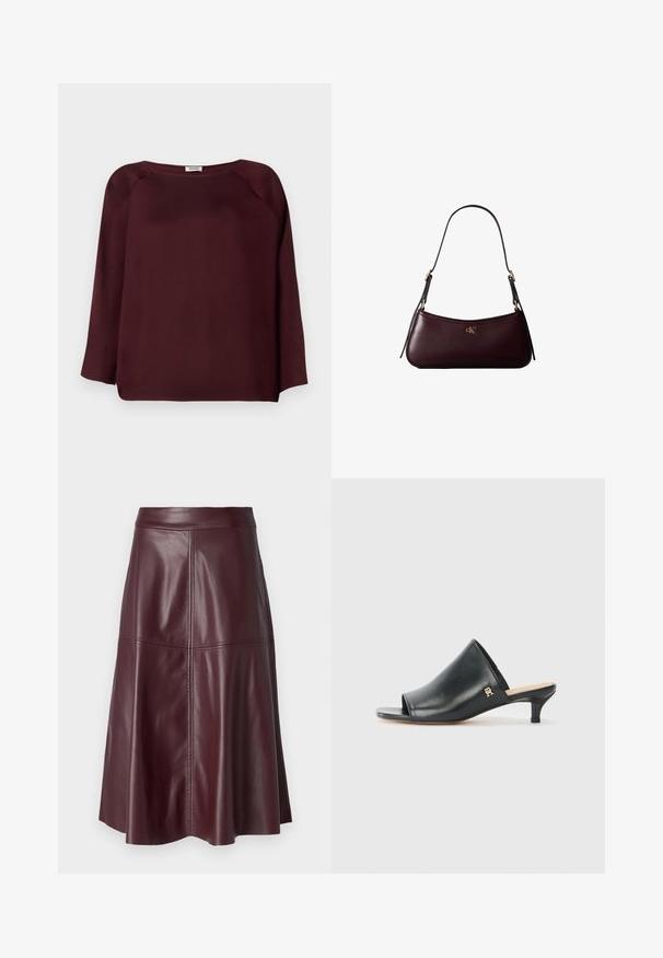 Bordeaux langslavige blouse met een brede halslijn, zachte stof, drop shoulder ontwerp en een rechte zoomlijn. Gladde textuur, geen zichtbare patronen.; Donker bordeauxrode knielange A-lijn leren rok met zichtbare verticale en horizontale naaddetails.; Zwarte leren open teen muiltjes met een lage hak. Heeft een glad oppervlak en een gouden logo accent aan de zijkant.; Donker bordeauxkleurige leren handtas met een smalle zwarte schouderband en klein gouden "cK" logo aan de voorkant in het midden.