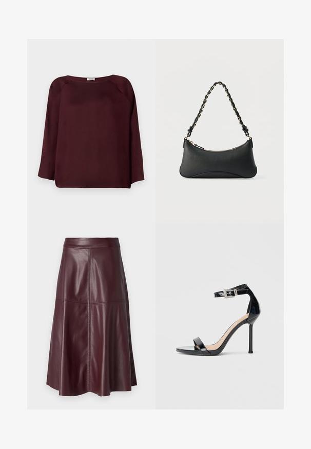 Bordeaux langslavige blouse met een brede halslijn, zachte stof, drop shoulder ontwerp en een rechte zoomlijn. Gladde textuur, geen zichtbare patronen.; Donker bordeauxrode knielange A-lijn leren rok met zichtbare verticale en horizontale naaddetails.; Zwarte sandalen met hoge hak van lakleer en een enkelriempje. Heeft een minimalistisch ontwerp, open teen en een gesp met strass-steentjes.; Zwarte lederen schoudertas met een gebogen rechthoekige vorm, gouden ketting verweven in een gevlochten zwarte band, en een ritssluiting bovenop.