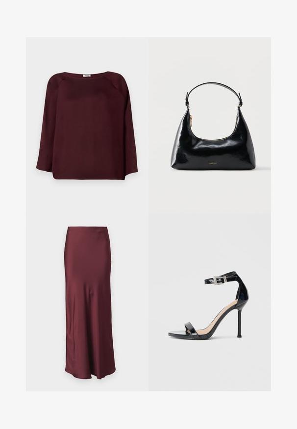Bordeaux langslavige blouse met een brede halslijn, zachte stof, drop shoulder ontwerp en een rechte zoomlijn. Gladde textuur, geen zichtbare patronen.; Bordeaux satijnen maxirok met een aansluitende taille en een uitlopende zoom, voorzien van een gladde textuur en zonder zichtbare patronen of versieringen.; Zwarte sandalen met hoge hak van lakleer en een enkelriempje. Heeft een minimalistisch ontwerp, open teen en een gesp met strass-steentjes.; Zwarte glanzende Calvin Klein handtas met gouden rits en korte band tegen een effen witte achtergrond.