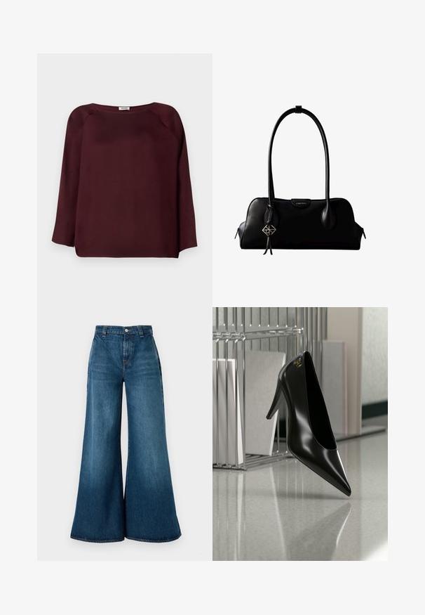Bordeaux langærmet bluse med bred halsudskæring, blødt stof, nedfaldende skulderdesign og lige søm. Glat tekstur, ingen synlige mønstre.; Bredde ben denim jeans i mørkeblå vask, med høj talje, frontknaplukning og klassisk fem-lomme design. Glat tekstur.; Sort højhælet sko med spids tå og guldlogo, placeret på en reflekterende overflade nær en krom trådfilholder med dokumenter.; Sort lædertaske fra Calvin Klein med lange håndtag, en forside-logo-tag og en sølv geometrisk vedhæng, der hænger fra det ene håndtag.