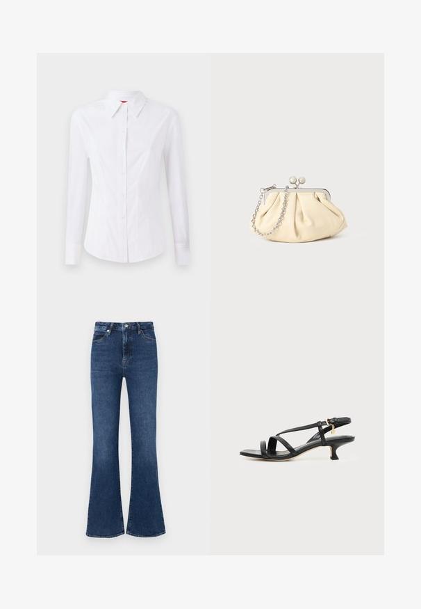 Chemise blanche à manches longues avec col pointu, fermeture à boutons à l'avant et design ajusté. Tissu en coton lisse avec des détails de couture subtils.; Jeans évasés bleu foncé en denim, avec une taille haute, un design classique à cinq poches et des accents de couture subtils.; Sandale noire en cuir à brides fines, talon bas kitten, boucle à la cheville et petit pendentif doré sur fond clair uni.; Pochette en cuir beige plissé avec un cadre en métal argenté, dotée de deux fermoirs ronds décoratifs et d'une chaîne en argent.