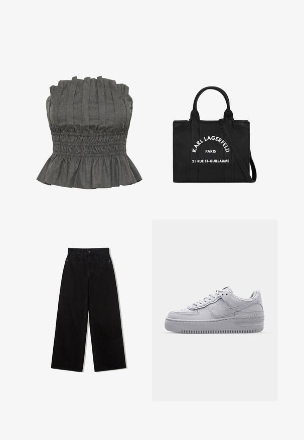 Gestuz PAULINE - Top - dark grey; Zwarte, wijde spijkerbroek van denim met een hoge taille, voorzien van een vijf-pocket ontwerp en een enkele knoopsluiting aan de voorkant.; Grijze Nike Air Force 1 sneaker met geperforeerde neus, glad leren bovenwerk, dikke zool en verhoogde 'AIR' details op de hiel.; Zwarte leren handtas met een gestructureerd oppervlak. Beschikt over dubbele handvatten aan de bovenkant en een afneembare schouderriem. Witte tekst toont merk- en adresgegevens.