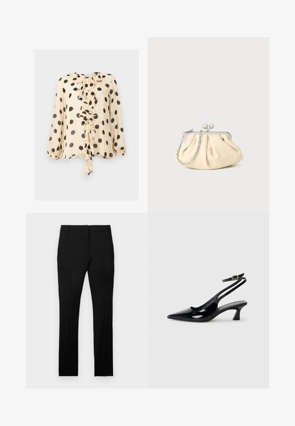 Blouse crème à manches longues avec de grands pois noirs et un volant central en cascade à l'avant.; Pantalon habillé noir sur mesure avec passants pour ceinture, fermeture éclair à l'avant et jambes droites et ajustées, présenté sur un fond blanc uni.; Escarpins à brides arrière en cuir verni noir, à bout pointu, avec un petit talon carré et une sangle de cheville ajustable dotée d'une boucle dorée.; Pochette en cuir beige plissé avec un cadre en métal argenté, dotée de deux fermoirs ronds décoratifs et d'une chaîne en argent.