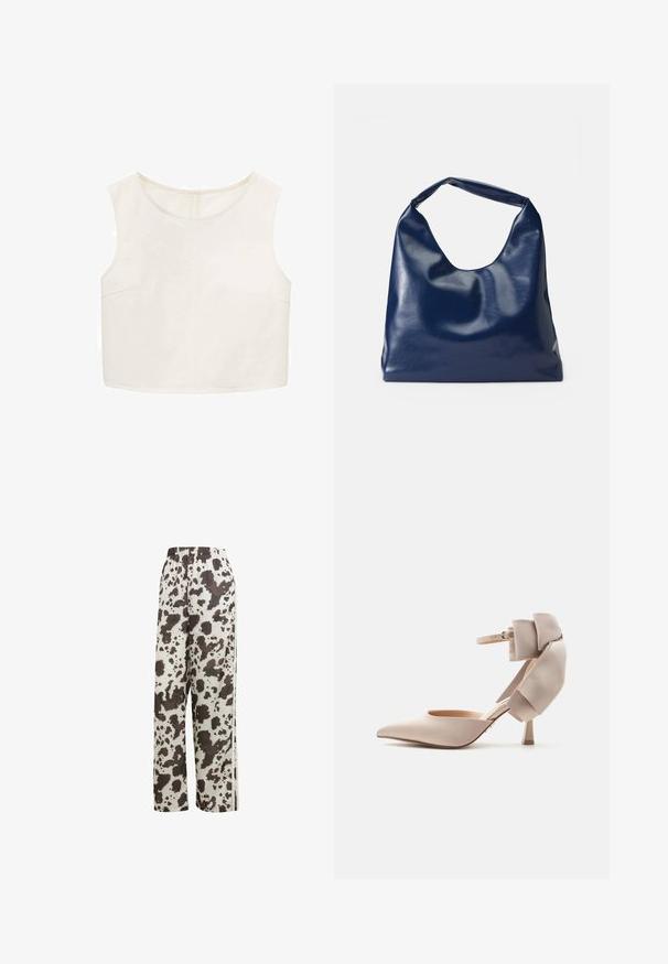 Afskåret ærmeløs top i off-white stof, med rund halsudskæring og to sidelommer; glat tekstur med minimale sømme.; adidas Originals COW PRINT SATIN WIDE LEG - Træningsbukser - multicolor off white; Beige højhælet sko med spids tå, ankelrem og stor polstret sløjfedetalje på hælen, vist mod en ensartet lys baggrund.; Marineblå kunstlæder skuldertaske med en blød, blank overflade, rund form og et enkelt, bredt håndtag for nem bæring.