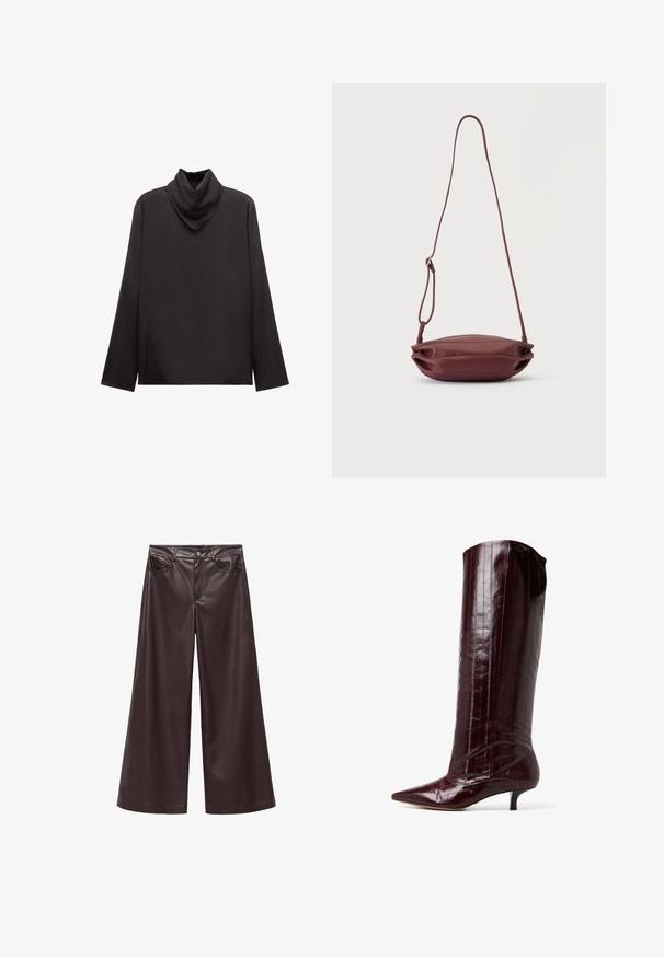 Sort langærmet rullekravebluse med en løs, foldet krave og en lige kant, vist på en hvid baggrund.; Brune faux læder wide-leg bukser med høj talje, der har forlommer og klassisk knaplukning. Glat tekstur og mat finish.; Vinsorte knæhøje støvler i skinnende patentmateriale. Har spidse tæer og kitten-heels med lodrette linjer på skaftet.; Lille rødbrun læder crossbody taske med tynd justerbar rem, vist fladt mod en hvid baggrund.
