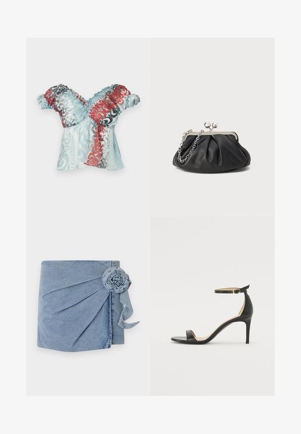 Paolina Russo BABBY DOLL - Top - blue crush; Denim wikkel met een lichtblauwe tint, gedetailleerde plooien en een decoratieve bloemenaccent met een hangend lint. Zachte textuur en casual ontwerp.; Zwarte leren hoge hak sandaal met enkelbandje. Heeft een gladde textuur, open teen en een dunne hak. Gouden gesp detail.; Zwarte leren clutch met geplooide textuur, zilverkleurig metalen frame, drukknopsluiting en kettingriem. Glad, zacht oppervlak.