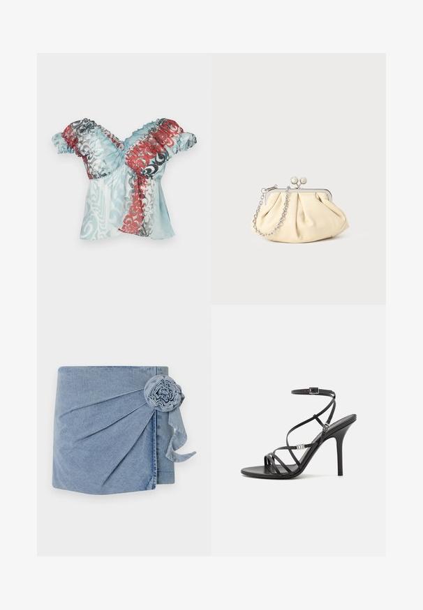 Paolina Russo BABBY DOLL - Top - blue crush; Denim wikkel met een lichtblauwe tint, gedetailleerde plooien en een decoratieve bloemenaccent met een hangend lint. Zachte textuur en casual ontwerp.; Zwarte hoge hakken sandaal met dunne banden, een enkelgesp, een gladleren oppervlak en een slanke stilettohak.; Geplooide beige leren clutch met een zilveren metalen frame, voorzien van twee ronde decoratieve sluitingen en een zilveren kettingriem.