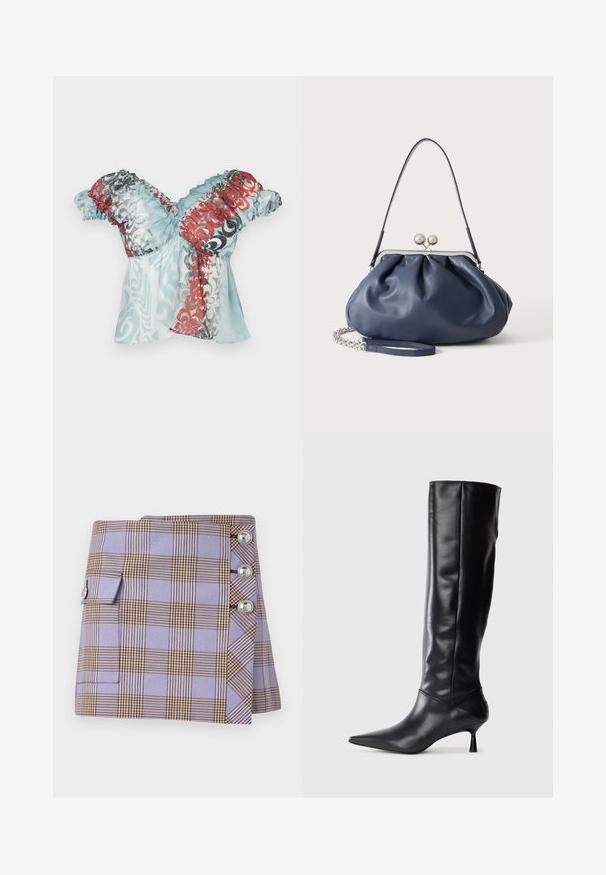 Paolina Russo BABBY DOLL - Topp - blue crush; Rabanne Miniseelik - purple/orange/cream/blue; Must musta kõrge saabas terava ninaga ja sihvakate kaartega kontsadega. Sile tekstuur, keha vastav disain ja nähtava riistvarata või mustriteta.; Pehme tumesinine nahast käekott hõbedase klambriga, ühe õlarihmaga ja eemaldatava ketiga randmerihmaga valgel taustal.