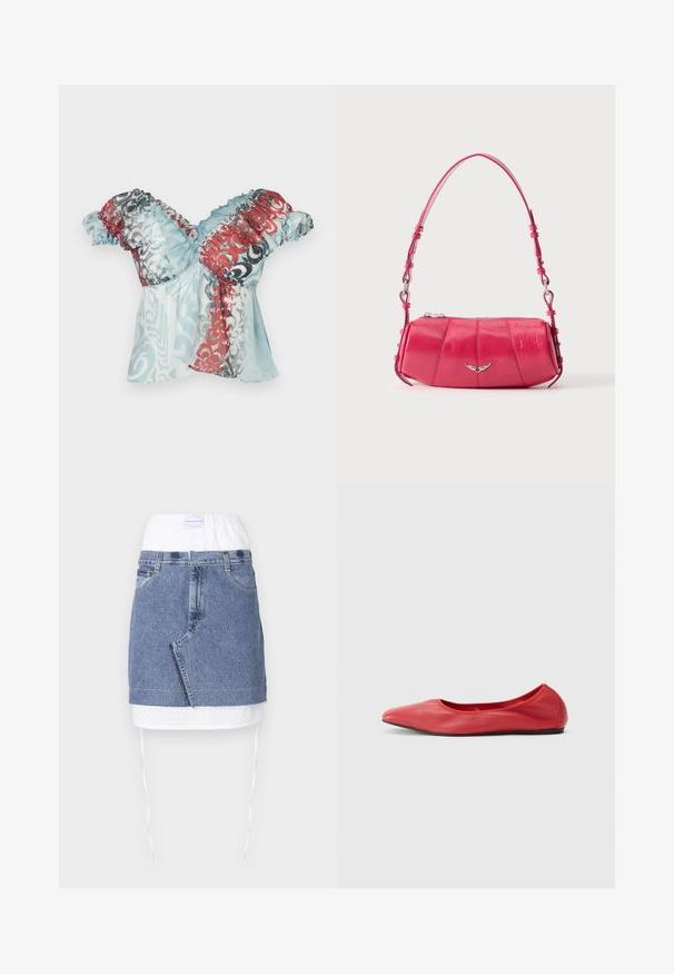 Paolina Russo BABBY DOLL - Top - blue crush; Denim nederdel med en blå krop, hvid perforeret talje og snoretræk. Har forlommer og en lige pasform med rå kant.; Filippa K REY FLATS - Ballerinasko - bright red; Lille skinnende lyserød skuldertaske i læder med sølv vingeemblem og justerbar rem, lynlåslukning øverst, vist på hvid baggrund.