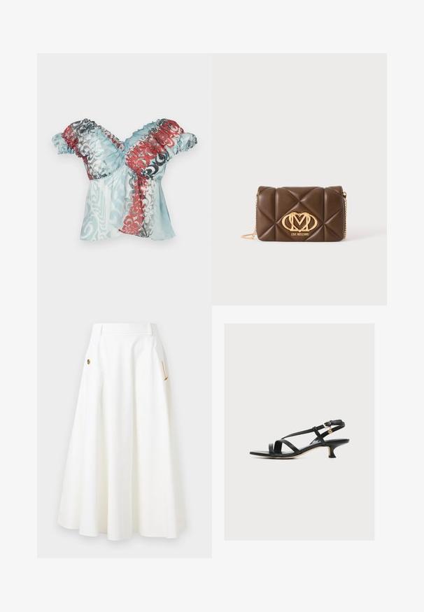 Paolina Russo BABBY DOLL - Top - blue crush; Witte A-lijn midi rok met zijzakken, gouden ketting en decoratieve knoopdetails, en riemlussen bij de taille.; Zwarte leren damessandaal met dunne gekruiste bandjes, lage kittenhak en een kleine gouden gesp aan het enkelbandje.; Bruine doorgestikte leren schoudertas met gouden kettingriem en goudkleurig Love Moschino-logo op het midden van de voorkant.
