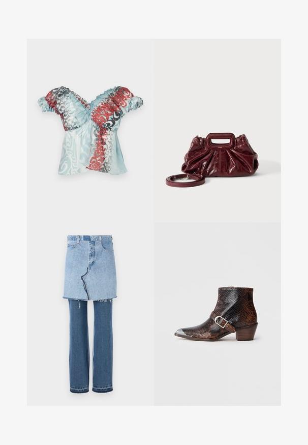 Paolina Russo BABBY DOLL - Top - blue crush; Denim kledingstuk dat een lichtblauwe minirok bovenop combineert met donkerblauwe flared jeans eronder; heeft een rafelige zoom en klassieke denimtextuur.; Zwarte en bruine slangenprint enkelboots met een zilveren neuskap, een gespsaccent en een lage houten hak. Gladde textuur, aansluitend ontwerp.; Kleine donkerrode leren handtas met geplooide textuur, rechthoekig handvat met uitsparing en afneembare schouderriem tegen een witte achtergrond.