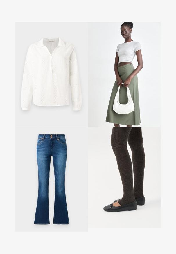 Witte katoenen blouse met lange mouwen, een V-hals kraag en ingewikkelde oogjes borduurpatronen door het hele kledingstuk. Klassiek pasvorm ontwerp.; Blauwe denim flared jeans met voorzakken, ceintuurlussen en dubbele knoopsluiting, weergegeven op een effen achtergrond.; Benen met donkere geribbelde leggings gecombineerd met zwarte ballerina's met kleine strikdetails op een witte achtergrond.; Grijs geribbelde crop top en olijfgroene hoge taille rok. Model houdt een witte schoudertas met uitsparingen vast. Eenvoudig ontwerp, aansluitende silhouet.