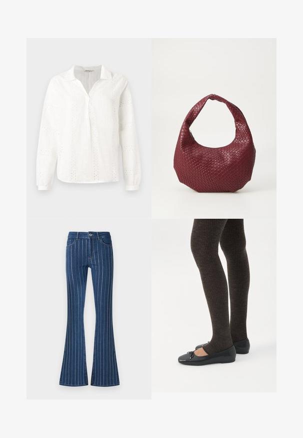 Blouse en coton blanc avec des manches longues, un col en V et des motifs de broderie ajourée complexes. Design à coupe classique.; Jean en denim bleu évasé avec des rayures verticales blanches, une fermeture éclair à l'avant et des poches. Le tissu a un aspect légèrement texturé.; Jambes portant des leggings côtelés foncés associés à des ballerines noires avec de petits détails en nœud sur fond blanc.; Sac à main tissé bordeaux avec une silhouette arrondie, une seule poignée et une finition texturée. Fermeture zippée en haut.