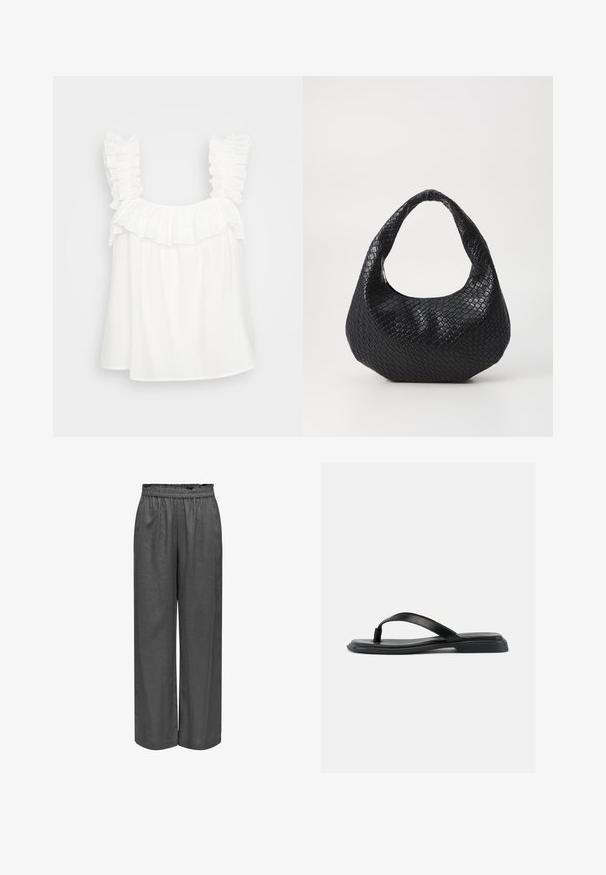 Top de algodón blanco que presenta tirantes de hombro con volantes y un volante en capas en el escote. Ajuste holgado con una textura suave y ligera.; Pantalones grises de pierna amplia, hechos de una tela suave con cintura elástica. Presenta un ajuste suelto y una textura lisa.; Sandalia plana negra tipo tanga con tira texturizada y tacón ligeramente elevado, mostrada de perfil sobre un fondo liso claro.; Bolso de mano tejido en negro con un asa curvada, que presenta una superficie texturizada y una forma holgada. Acabado suave con una silueta orgánica.