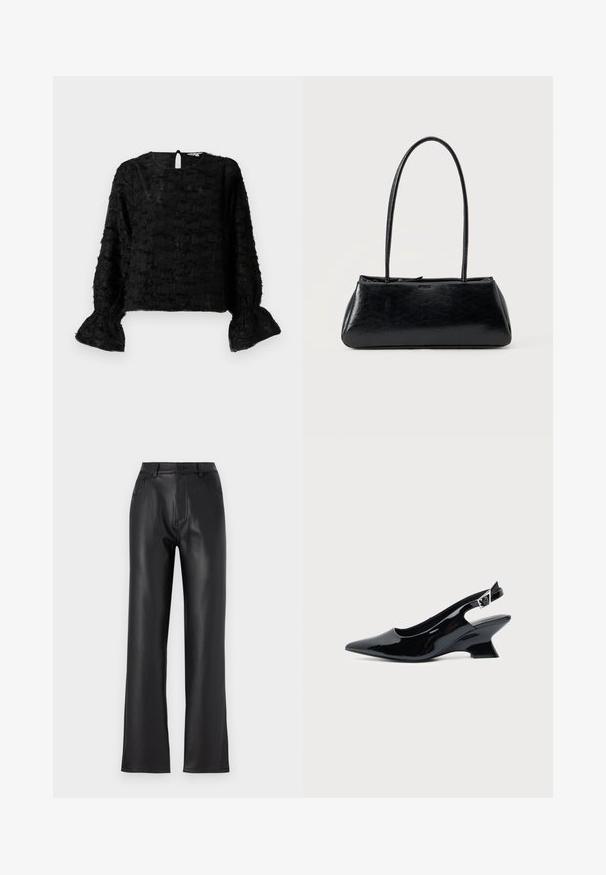 Blouse noire texturée avec de longues manches bouffantes, présentant un ourlet froncé et une ouverture en forme de goutte au dos. Tissu doux et superposé.; Pantalons noirs en faux cuir avec une coupe droite, comportant des poches avant, une fermeture éclair et un bouton. Texture lisse.; Chaussure slingback en cuir verni noir avec bout pointu et petit talon bloc incliné sur fond clair uni.; Sac à épaule rectangulaire noir avec de longues bretelles fines et une texture lisse et brillante sur un fond uni.