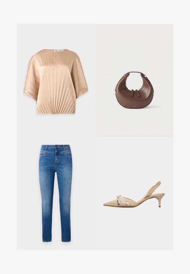 Beige blouse met korte mouwen, verticale plooien, een ronde halslijn en een rits aan de achterkant.; Klassieke blauwe denim jeans met een rechte pijp, ontworpen met een middelhoge taille, voorzakken en oranje stiksels.; Beige kittenheel slingback met puntige neus, decoratieve knoop op het bovenwerk en een lage, slanke hak.; Bruine, halvemaanvormige leren handtas met een bovenhandvat en dubbele ritssluitingen op een witte achtergrond.