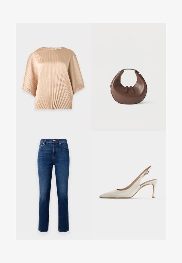 Blouse beige à manches courtes avec plis verticaux, col rond et fermeture éclair dans le dos.; Jean en denim bleu foncé, avec une coupe droite, un design à cinq poches et une fermeture à bouton en métal à l'avant. Texture lisse, sans motifs visibles.; Chaussure à talon haut en cuir blanc avec bride arrière, bout pointu et boucle sur fond uni.; Sac à main en cuir marron en forme de croissant avec une poignée supérieure et deux curseurs de fermeture éclair, sur fond blanc.