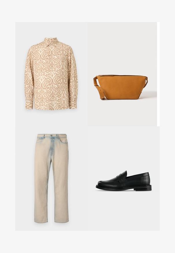 Beige Button-Up-Hemd mit einem cremefarbenen Damaskmuster, langen Ärmeln, einem spitzen Kragen und einer lockeren Passform.; Helle beige Jeans aus Denim mit geradem Bein, verblassten blauen Akzenten, fünf Taschen und einem Knopfverschluss an der Taille.; Schwarzer Leder-Pennyloafer für Herren mit niedrigem, gestapeltem Absatz und abgerundetem Zehenbereich, von der Seite auf hellgrauem Hintergrund gezeigt.; Hellbraune Leder-Umhängetasche mit verstellbarem Schulterriemen und Reißverschluss, vor einem schlichten hellen Hintergrund gezeigt.