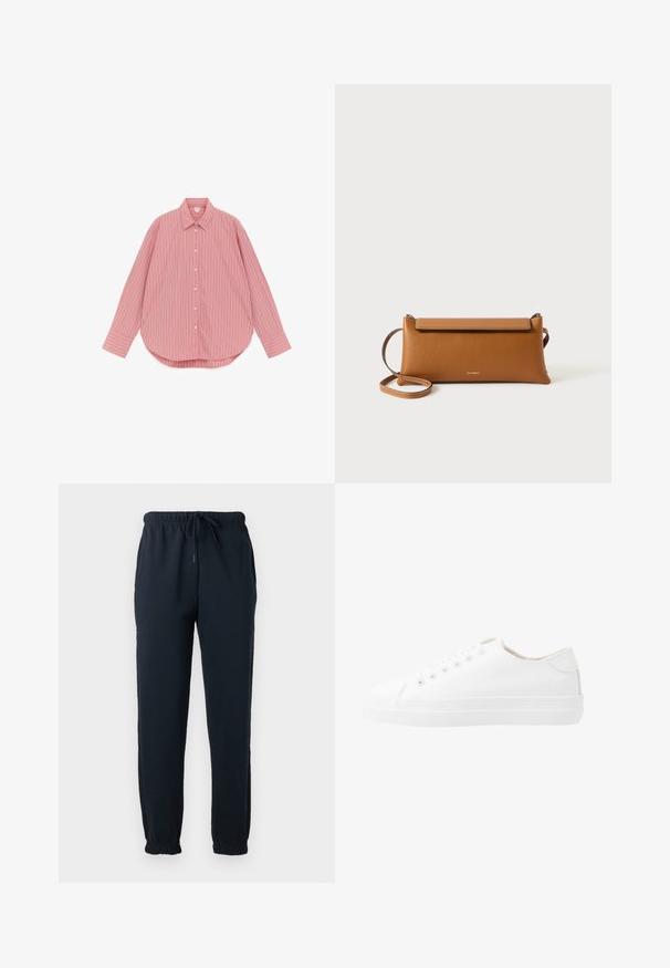 Rosa langärmliges Hemd mit Knopfleiste, vertikalen weißen und dunkleren rosa Streifen, klassischem Kragen und abgerundetem Saum.; Schwarze Jogginghose mit elastischem Bund, Kordelzug, Seitentaschen und elastischen Bündchen an den Knöcheln.; Weiße Leinenschuhe mit niedrigem Schnitt, runder Zehenpartie, sechs Ösen und einer strukturierten Gummisohle. Glattes Material mit minimalen Akzenten.; Braune Leder-Clutch-Tasche, rechteckige Form, strukturierte Oberfläche, abnehmbarer Tragegurt, Reißverschlussverschluss, dezentes Logo auf der Vorderseite geprägt.