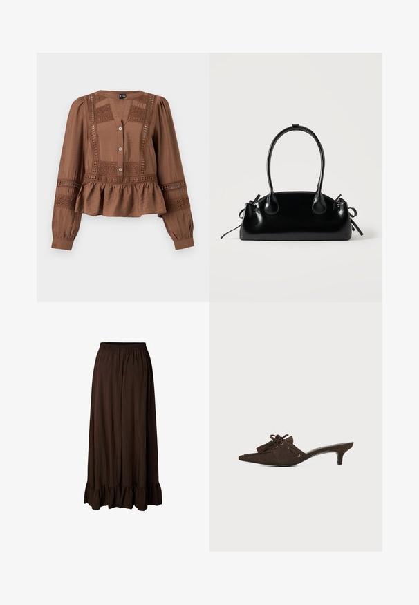Blouse marron à manches longues avec des panneaux en dentelle, trois boutons sur le devant, taille froncée avec basque et col rond avec légère découpe en V.; Jupe longue marron foncé avec taille élastique et ourlet à volants, en tissu léger légèrement texturé.; Mule en daim marron avec bout pointu, petit talon kitten, lacets noués en nœud et détails à pompons sur fond blanc.; Petit sac à main noir brillant avec deux longues anses et des détails à cordon sur les côtés sur un fond clair uni.