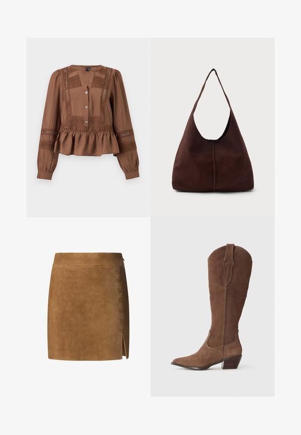 Bruine blouse met lange mouwen, kantpanelen, drie knopen aan de voorkant, geplooide taille met peplum en een ronde hals met lichte V-hals.; Bruine suède mini-rok met een rechte snit, voorzien van een vetersluiting aan de linkerkant en een kleine split aan de zoom.; Bruine suède cowboylaars met een puntige neus, schacht van gemiddelde hoogte, decoratieve stiksels langs de zijkanten en een gestapeld houten hak.; Bruine suède hobo tas met een grote, gebogen opening en een brede schouderband. Heeft een centrale naad aan de voorkant. Glad van structuur.