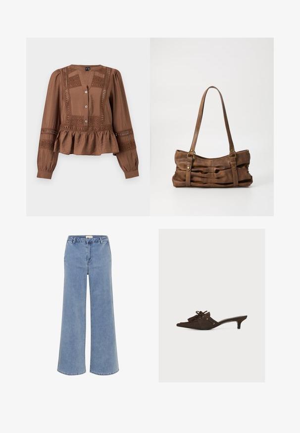 Brun langærmet bluse med blonderpaneler, tre knapper foran, indsamlet talje peplum og rund halsudskæring med let V-udskæring.; Breddejeans lavet af lyseblå denim. Har et klassisk fem-lommers design, bæltestropper og diskrete syninger. Raw hem finish ved anklerne.; Brun ruskind mule-sko med lav kattehæl, spids tå, kvast og blonderdetalje på en ensfarvet lys baggrund.; Even&Odd Håndtasker - brown
