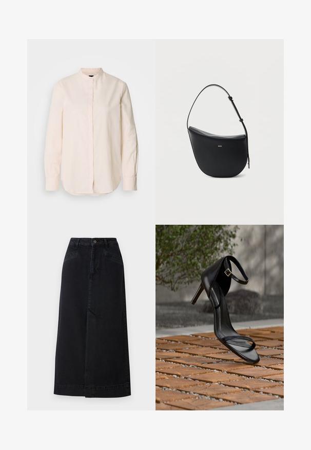 Lichtroze blouse met lange mouwen en een staande kraag, knoopsluiting aan de voorkant en een licht afgeronde zoom; gemaakt van gladde stof met een minimalistisch design.; Zwarte denim midi-rok met een rechte snit, knopen aan de voorkant en zijzakken met subtiele stikseldetails.; Zwarte hoge hak sandaal met enkelbandje zweeft boven een houten tegelvloer buiten, met een onscherpe groene en stenen achtergrond.; Zwarte halfmaansvormige leren schoudertas met verstelbare riem en goudkleurig "BOSS"-logo middenvoor.